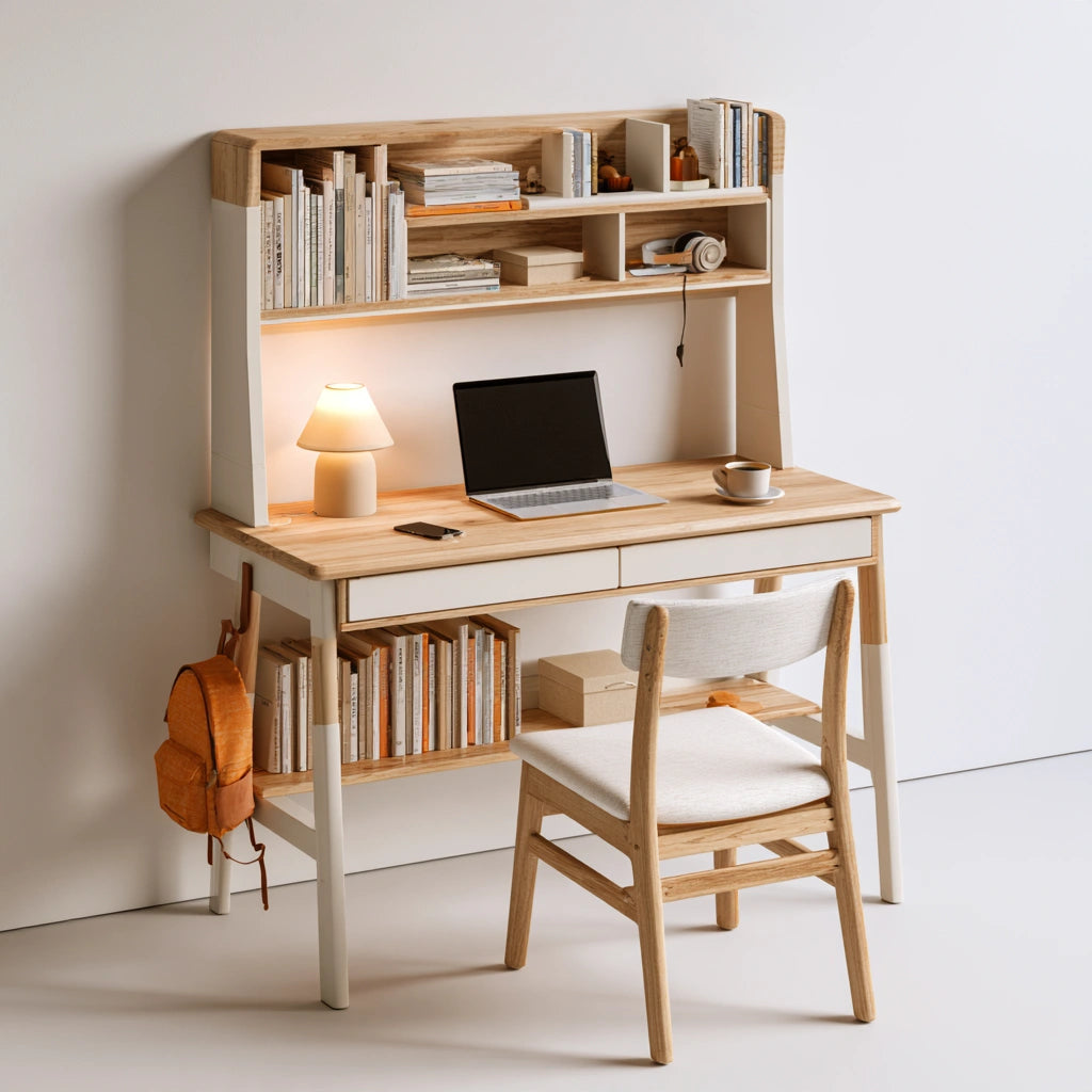 Scrivania in legno, colore bianco e marrone chiaro
