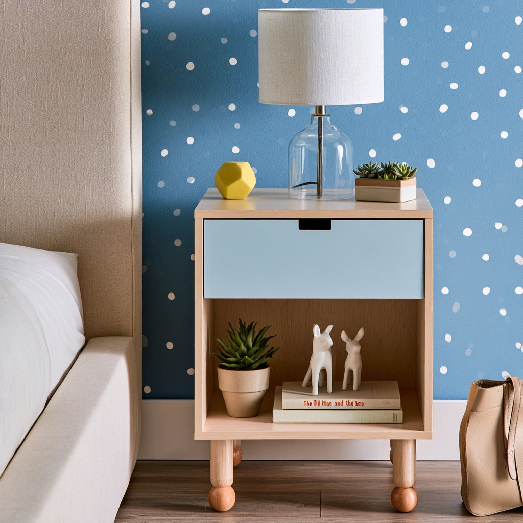 Comodino in legno, colore azzurro e marrone chiaro