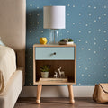 Comodino in legno, colore azzurro e marrone chiaro