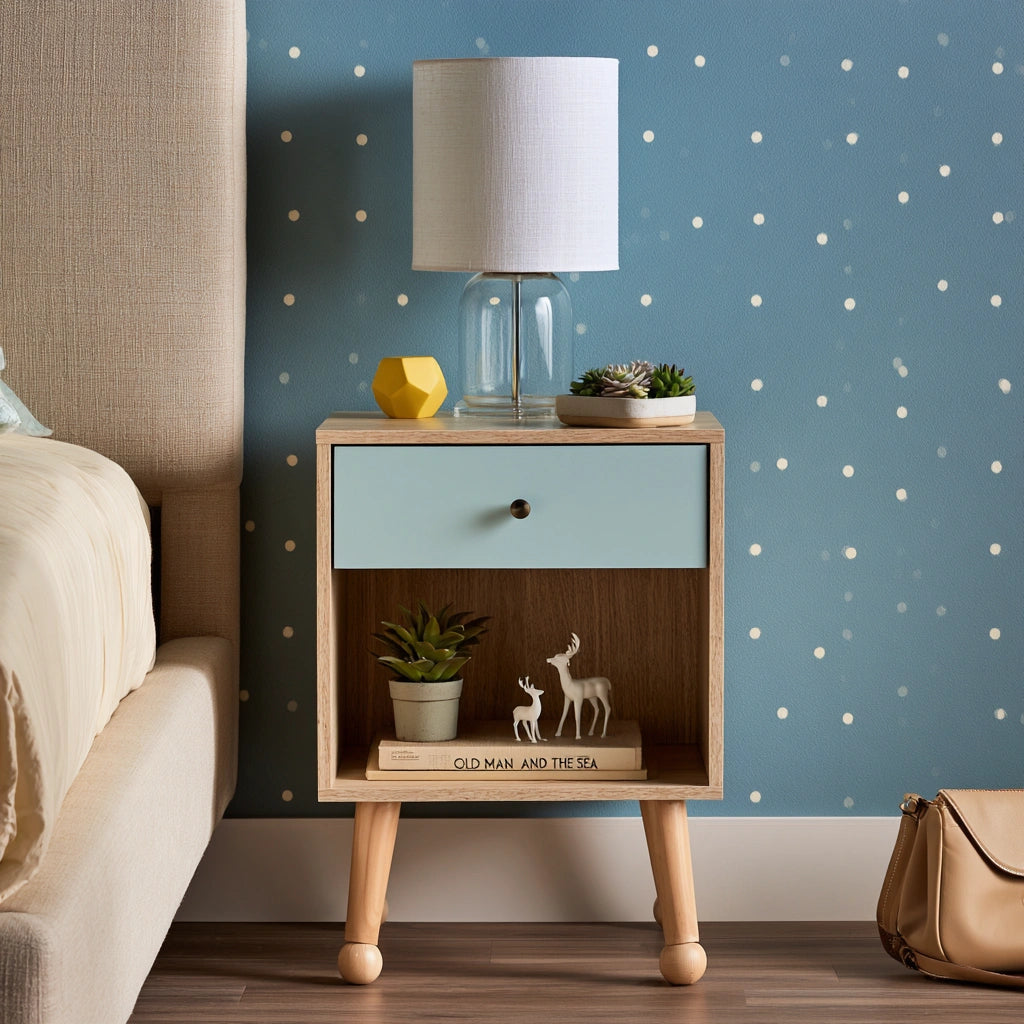 Comodino in legno, colore azzurro e marrone chiaro