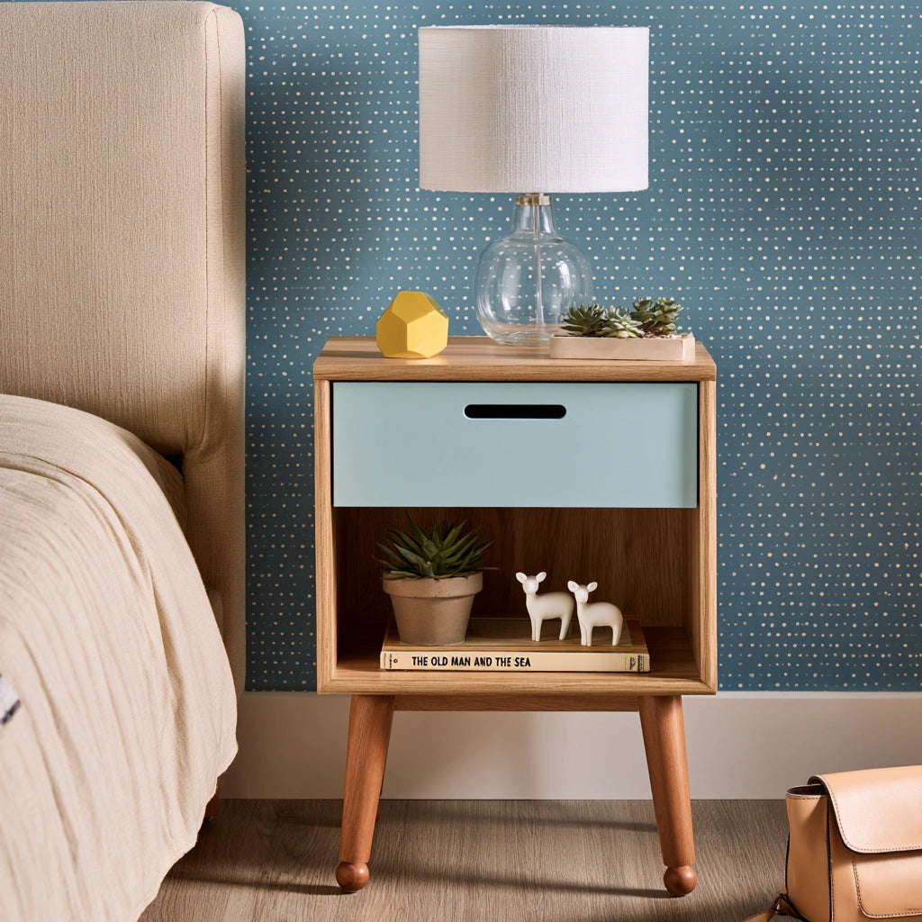 Comodino in legno, colore azzurro e marrone chiaro