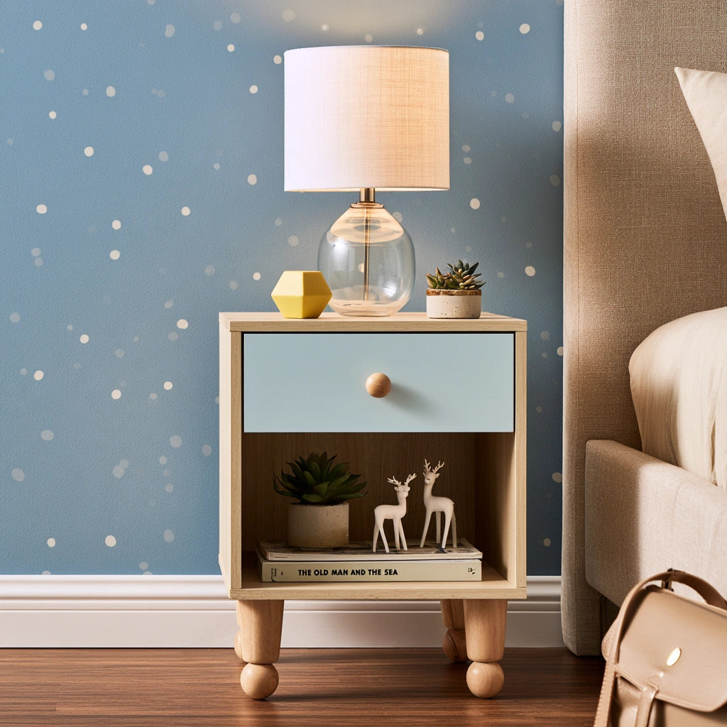 Comodino in legno, colore azzurro e marrone chiaro
